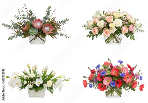 Photo of four beautiful floral arrangements in vases, isolated on transparent background, perfect for any special occasion
