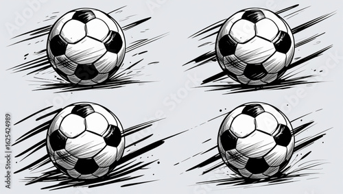 Set of Hand-Drawn Soccer Balls in Motion – Black and White Sketch Vector Illustration