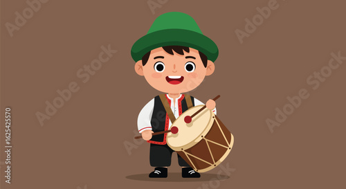 Cartoon Boy Playing Drum with Green Hat