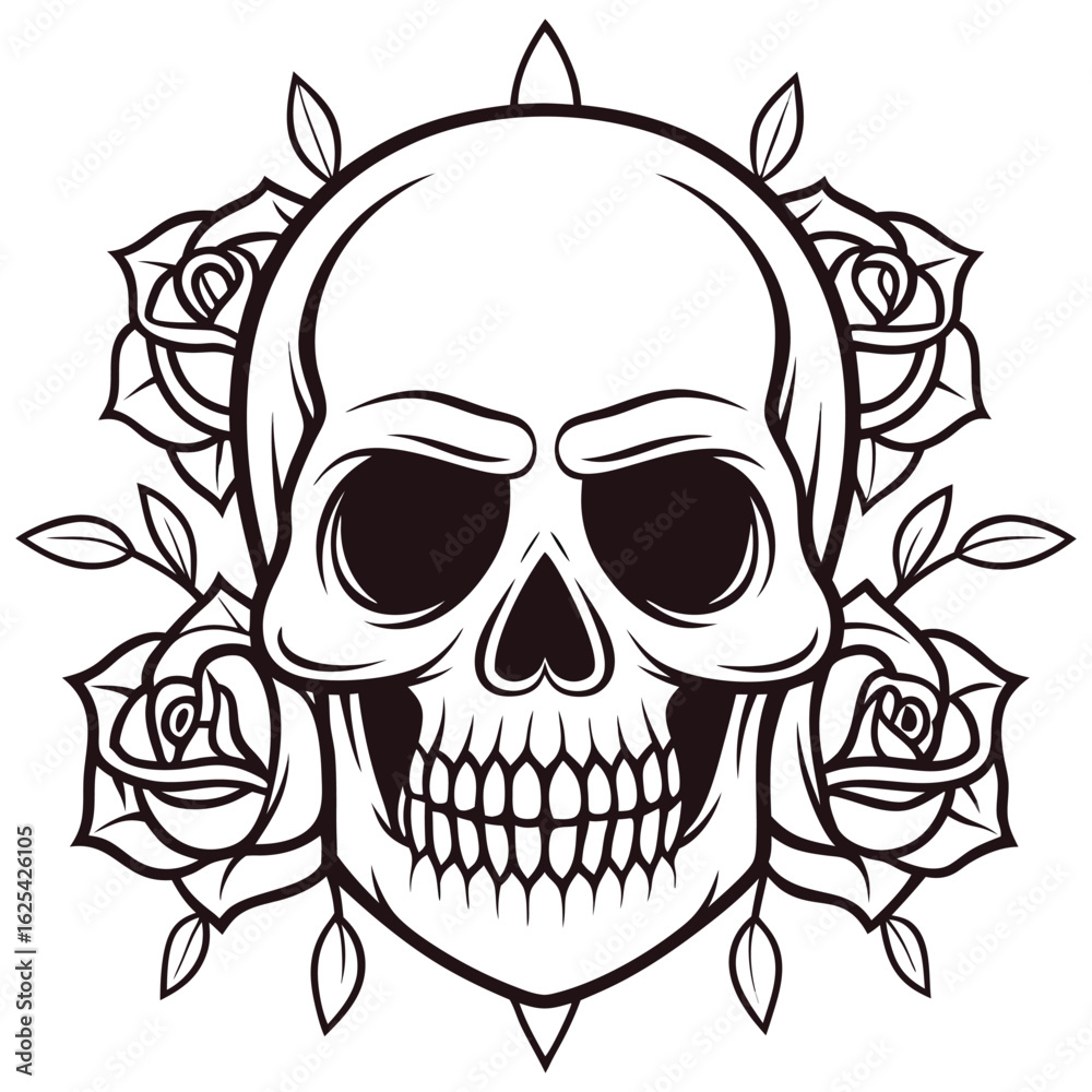 Fototapeta premium Skull surrounded by roses illustration with black outlines on a white background