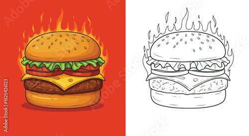 Hot Burger with Flames Illustration