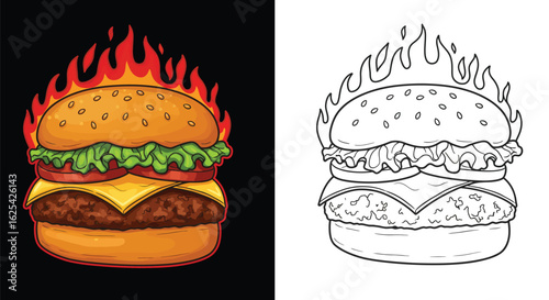 Hot Burger with Flames Illustration