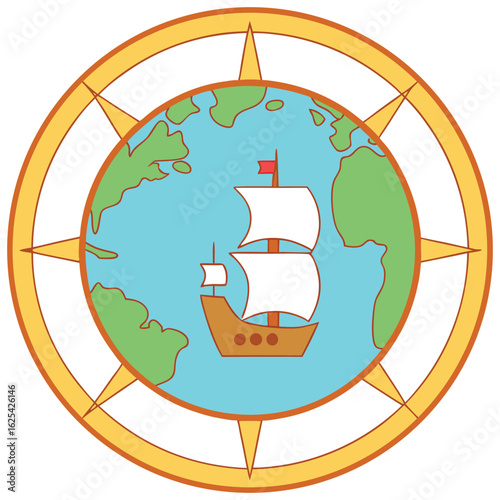 Vintage Nautical Compass Rose with Caravel Ship and Earth World Illustration