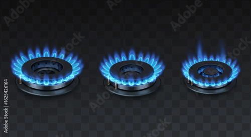 Dynamic blue gas flames ignite on modern stovetop burners, perfect for kitchen appliance ads and cooking concepts, showcasing heat and energy