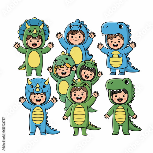 Playful Handdrawn Children Dressed Up in Dinosaur Costume Cute Illustration