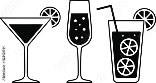Three stylized cocktail glasses with citrus slices and straws in a minimalist black and white silhouette style