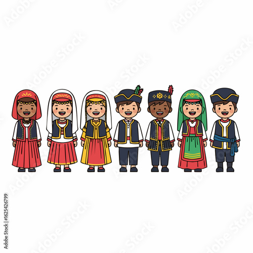 Cartoon Cute Smiling People in Traditional Clothes Cultural Diversity Illustration