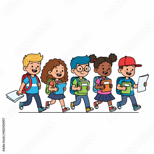 Cartoon Style Group of Diverse Schoolchildren Walking to School Illustration