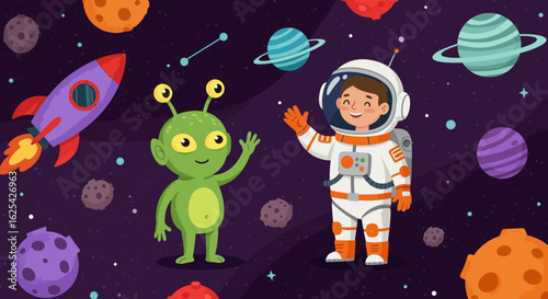 Friendly astronaut and alien waving hello amidst colorful planets and a rocket ship in a vibrant cosmic scene