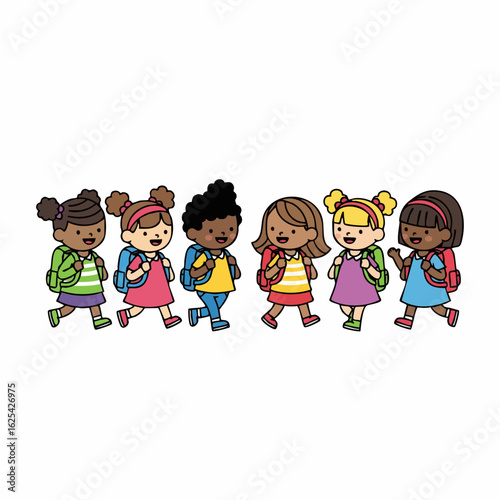 Colorful Flat Style Multiracial Children with Backpack Illustration Graphic