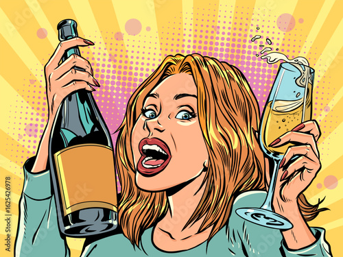 Pop Art Retro Woman rejoices with alcohol and glass. Invitation to an event to celebrate. Advertisement of a club and party.