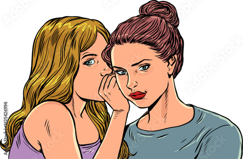 Pop Art Retro Dialogue between women in secret. Women whisper looking straight ahead. Rumors and gossip behind the back.