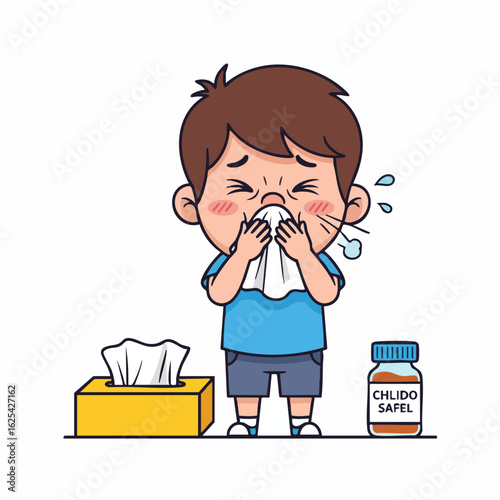 Cute Cartoon Boy Suffering From Cold or Flu Health Condition Illustration