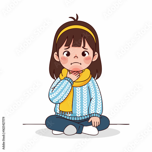 Cartoon Style Sad Girl Sore Throat Character Illustration