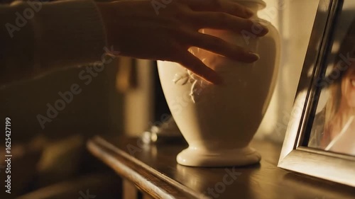 A hand touching a decorative urn in a softly lit room  