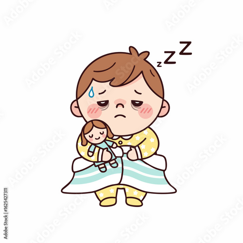 Cute Cartoon Little Boy Unwell Hugging Doll Flat Illustration