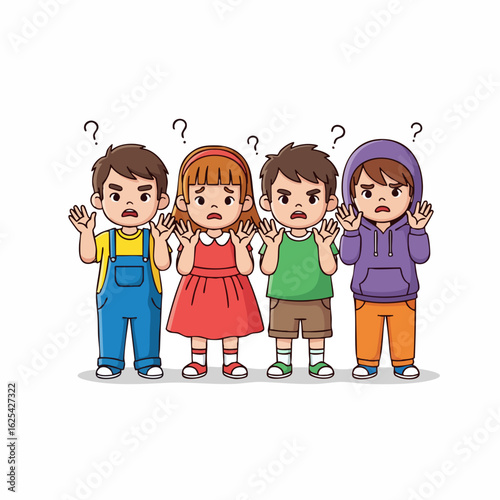 Cartoon Style Confused Children Group with Question Mark Expression Illustration