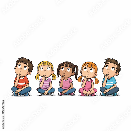 Cartoon Style Diverse Group of Children Thinking with Pensive Expression Illustration