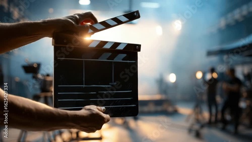 Film clapperboard in action, symbolizing start cinematic journey. Smoky background, dramatic effect, filmmaking process. Silhouette scene. Lights illuminate setup, movie production video creativity.