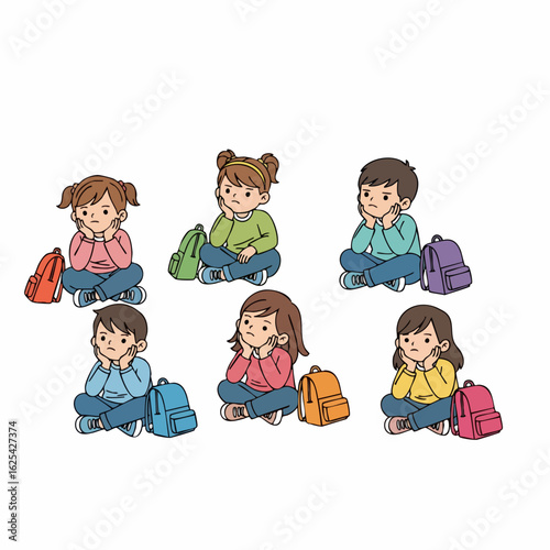 Cartoon Cute Depressed Schoolchild Sitting with Backpack Educational Illustration