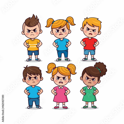 Cartoon Style Upset Little Kids Diverse Character Illustration Graphic