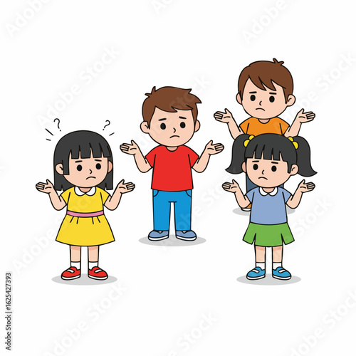 Cartoon Style Confused Children With Questioning Gesture Character Illustration