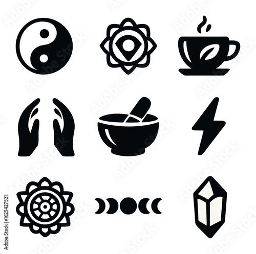 Holistic Icons Set. olid, filled icons set of holistic wellness: yin yang, chakra symbol, herbal tea, reiki