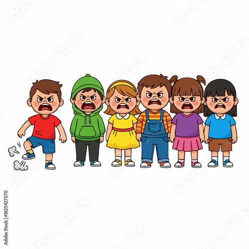 Cartoon Illustration Angry Expression Children Row Standing Together Illustration