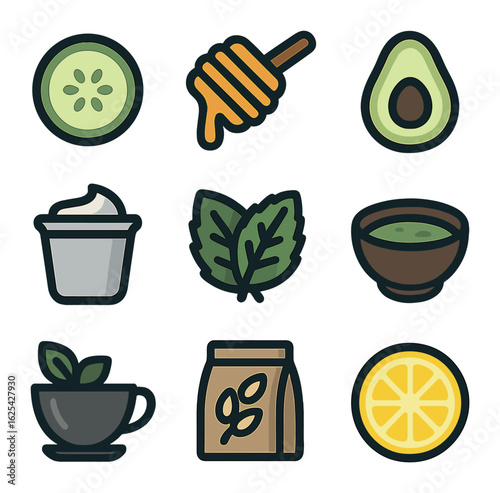 Spa Ingredients Icons. olid, filled icons set of natural spa ingredients: cucumber slice, honey dipper,