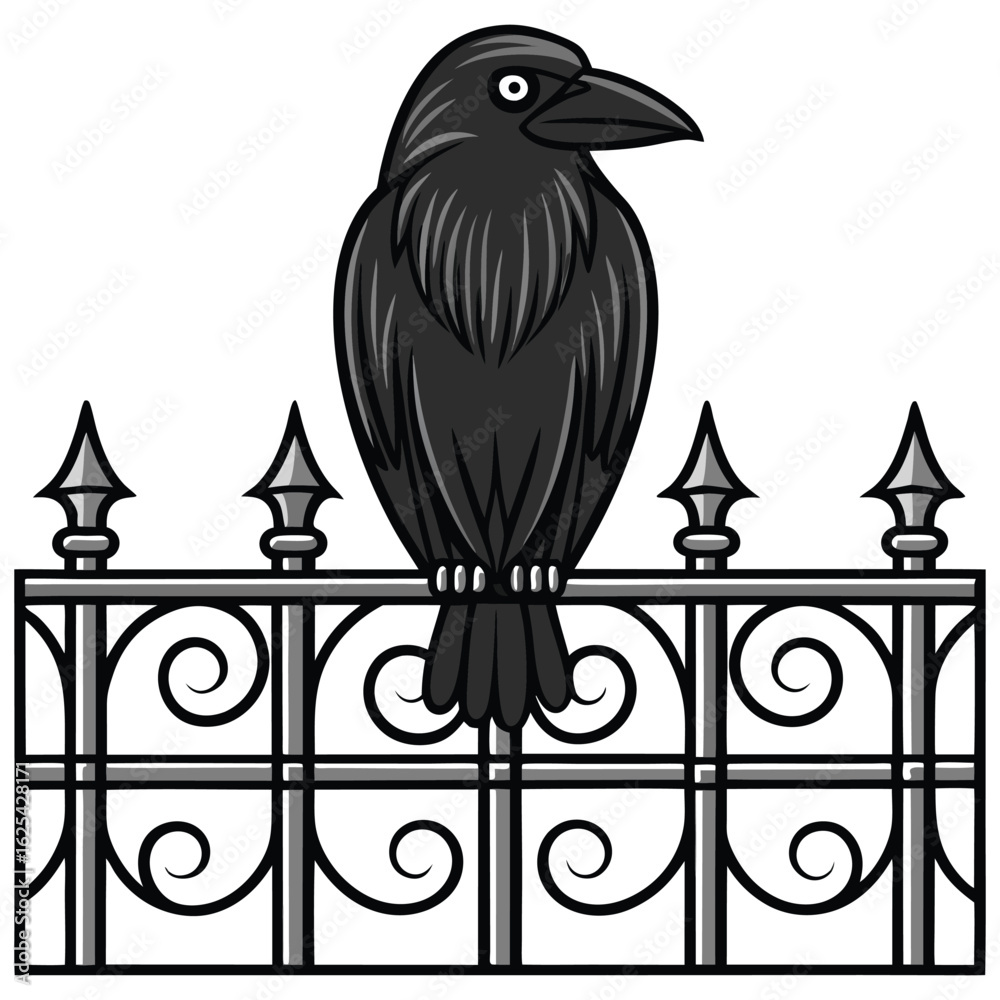Obraz premium Black raven illustration perched atop a wrought iron gate fence on white
