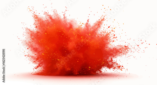 Vibrant red and orange powder explosion creates dynamic abstract art with energetic particles bursting outwards