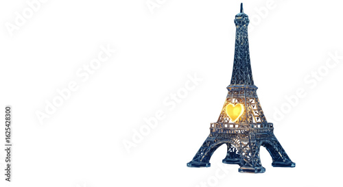 Detailed eiffel tower replica with a bright yellow heart shape in the center on a white background