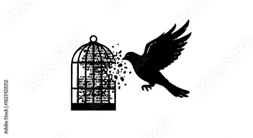 Silhouette of a bird escaping from a cage with a burst effect on a white background vector image