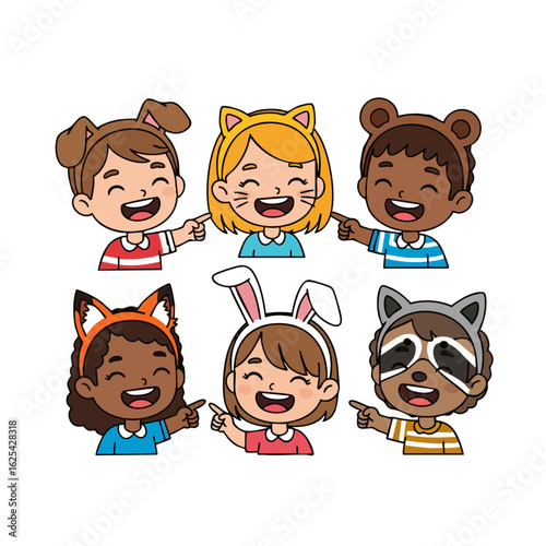 Cartoon Style Cheerful Diverse Children Wearing Animal Ear Headband Illustration