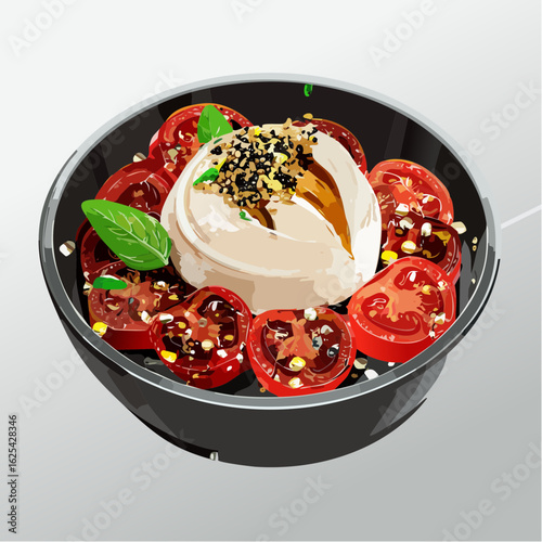  Italienische Burrata-Bowl mit karamellisierten Tomaten und Pesto-Perlen