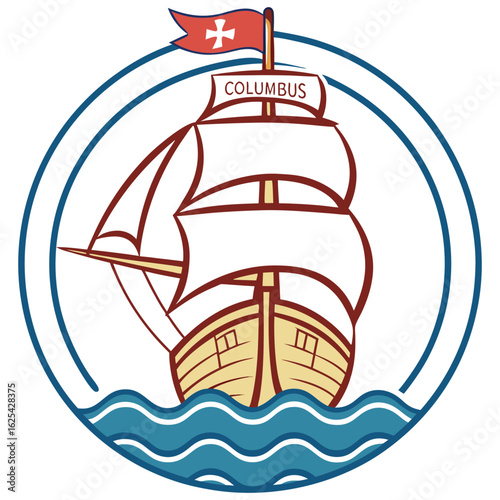 Stylized emblem of Columbus's ship on blue waves inside a blue circle