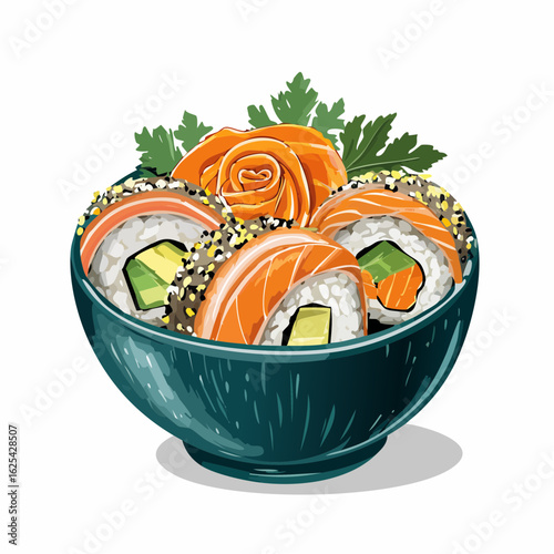 Japanische Sushi-Bowl mit Lachsrosen und essbaren Blüten