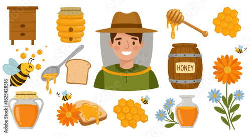 Discover delightful beekeeping icons featuring a friendly beekeeper, buzzing bees, sweet honey jars, golden honeycomb, and floral elements for your natural product designs.