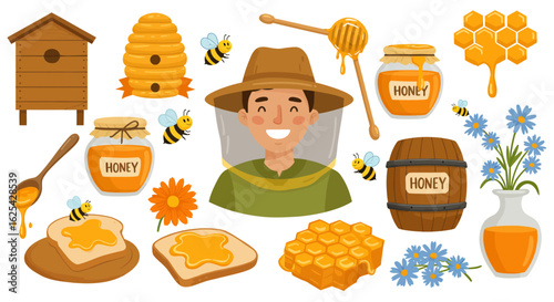 Delightful beekeeper surrounded by golden honey, sweet treats, and buzzing bees, celebrating nature's bounty with fresh ingredients and blooming flowers