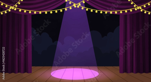 Captivating stage with elegant purple curtains, warm string lights, and a vibrant spotlight illuminating the wooden floor, ready for performance or presentation.