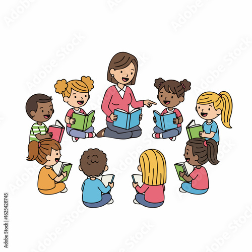 Cartoon Style Illustration Teacher and Children Story Time in Classroom Scene