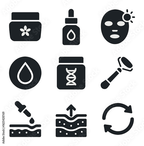 Skin Rejuvenation Icons. olid, filled icons set of skin rejuvenation spa: anti-aging cream, serum, UV mask,