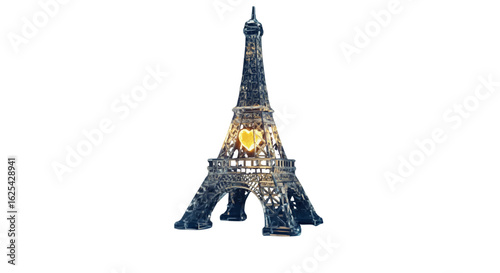 Detailed eiffel tower replica with a heart shaped light shining through the center on white background