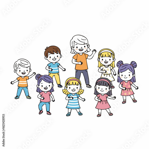 Handdrawn Cute Group of Children Dancing and Having Fun Illustration