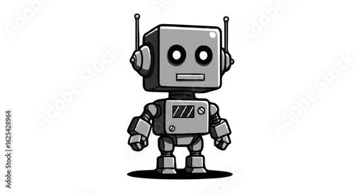 Illustration of a cartoon style robot with a square head standing on a black shadow spot
