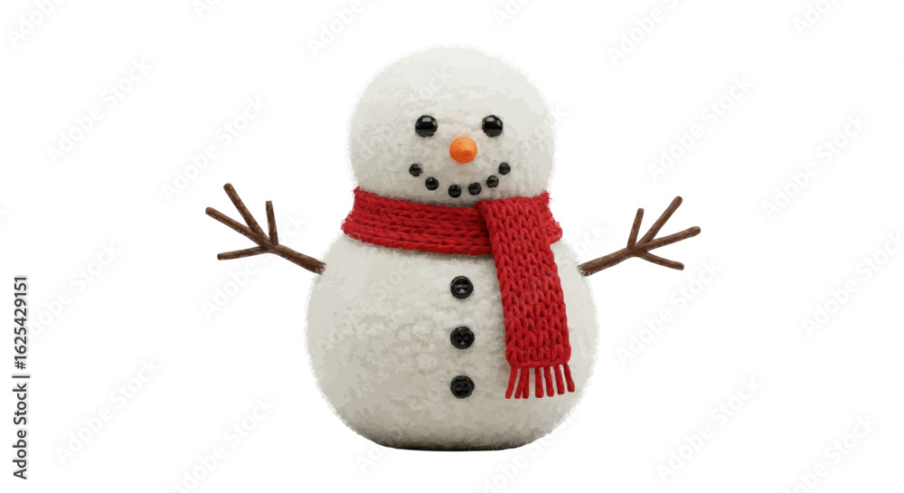 Fototapeta premium A charming snowman figure with a red scarf and twig arms stands on a white background in a studio shot