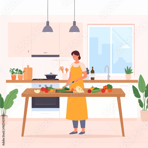 Flat design vector of a woman preparing a meal at home, chopping vegetables on a cutting board in a modern kitchen.