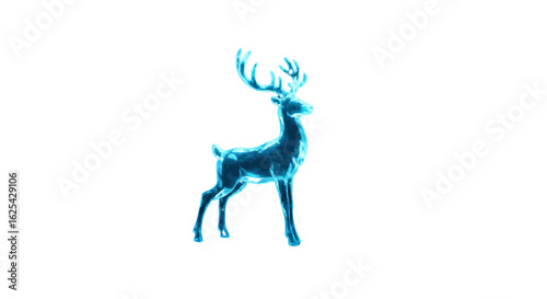 A stylized blue deer with large antlers standing on a white background in a polygonal style design