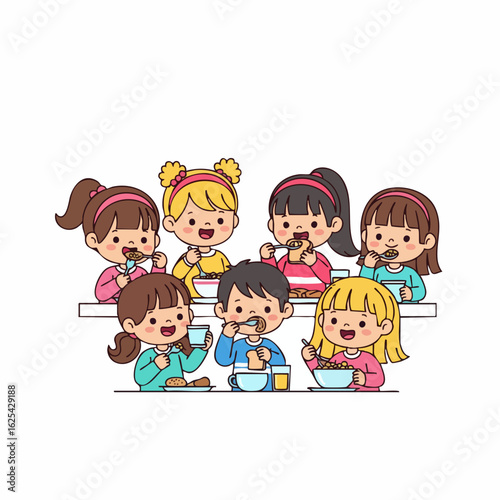 Colorful Flat Illustration of Diverse Children Enjoying Meal Together At Table