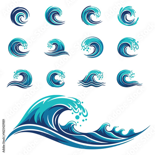 A collection of stylized blue ocean wave icons and a large crashing sea wave illustration.